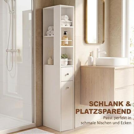 Tall Slim Bathroom Cabinet with 2 Drawers, White, 135 cm