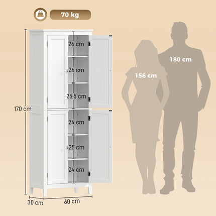 Tall White Bathroom Cabinet with Adjustable Shelves, 170 cm