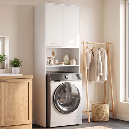 Tall White Bathroom Cabinet with Doors and Open Shelf