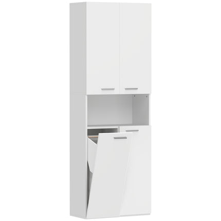 Hoher weißer Badschrank mit Wäschekorb, 174 cm
