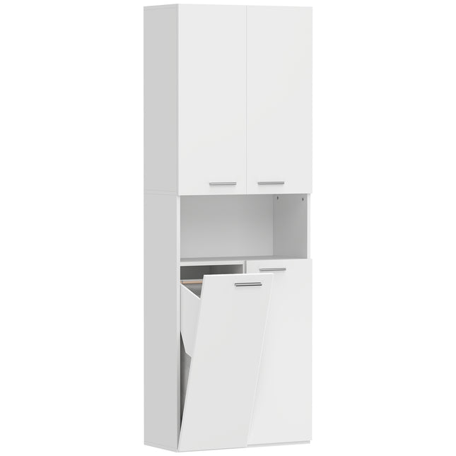 Hoher weißer Badschrank mit Wäschekorb, 174 cm