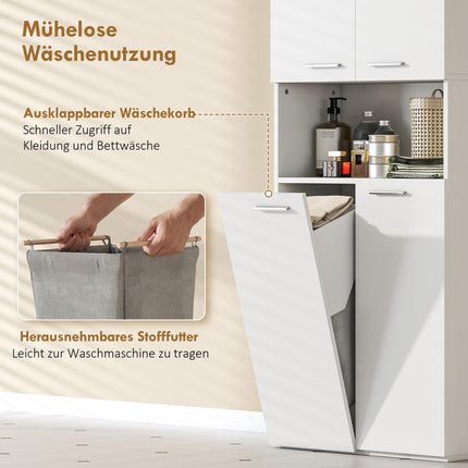 Hoher weißer Badschrank mit Wäschekorb, 174 cm