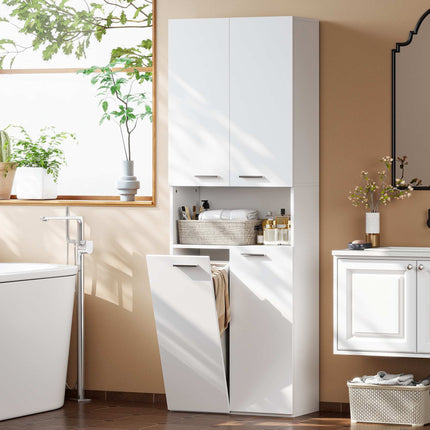 Hoher weißer Badschrank mit Wäschekorb, 174 cm