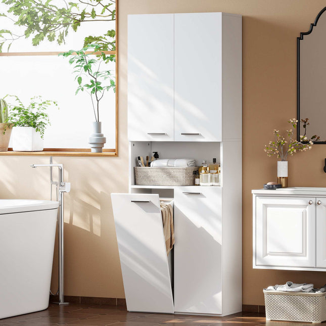 Hoher weißer Badschrank mit Wäschekorb, 174 cm