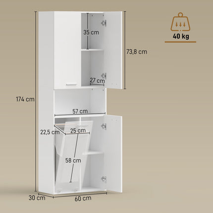 Hoher weißer Badschrank mit Wäschekorb, 174 cm
