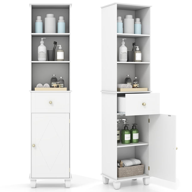 Hoher weißer Badezimmerschrank mit Einlegeböden und Schublade