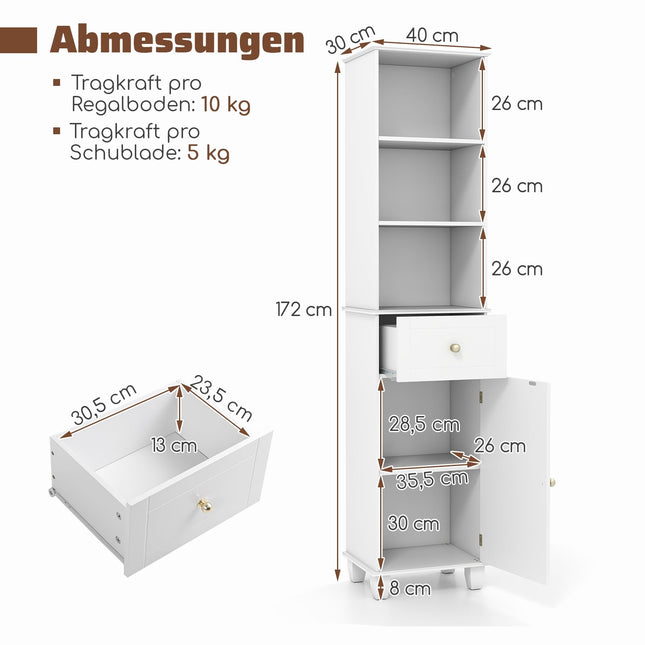 Hoher weißer Badezimmerschrank mit Einlegeböden und Schublade