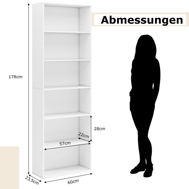 Hohes weißes Bücherregal mit 6 Ablagen und Kippsicherung