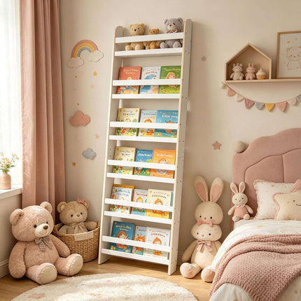 Tall White Children's Bookcase with 6 Compartments
