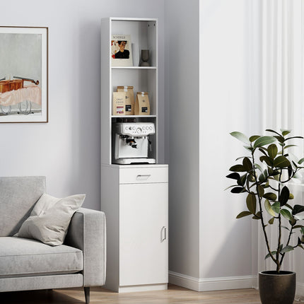 Tall bathroom cabinet, slim design, drawer, shelves, cupboard, chipboard, white