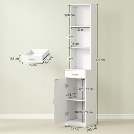 Tall bathroom cabinet, slim design, drawer, shelves, cupboard, chipboard, white