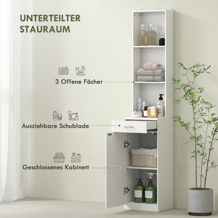 Tall bathroom cabinet, slim design, drawer, shelves, cupboard, chipboard, white