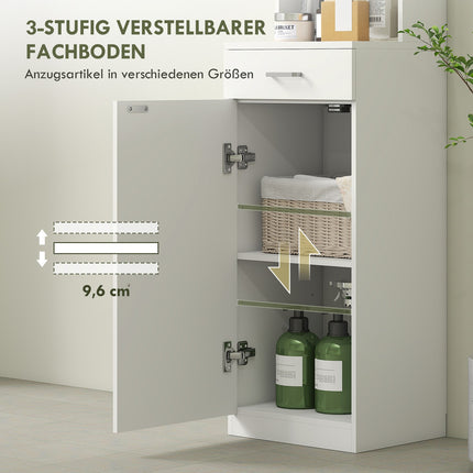 Tall bathroom cabinet, slim design, drawer, shelves, cupboard, chipboard, white
