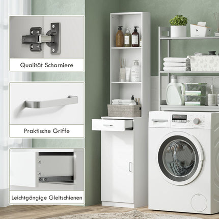 Tall bathroom cabinet, slim design, drawer, shelves, cupboard, chipboard, white