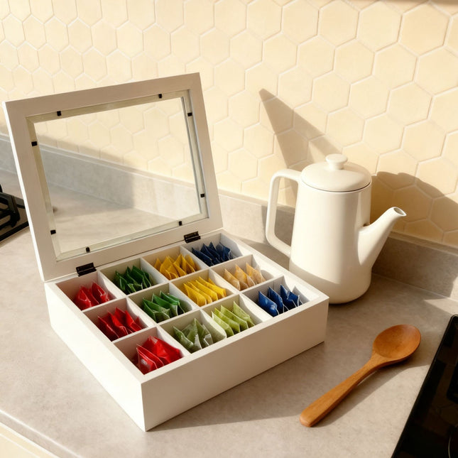 Krabice na čaj s víkem, 12 přihrádek, bambusový design