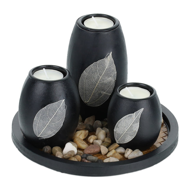 Teelichthalter-Set mit Tablett und Steinen