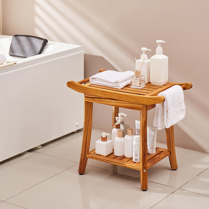 Teak Shower Bench 22 x 14.4 x 18.5 in, 300 Lb, Shelf