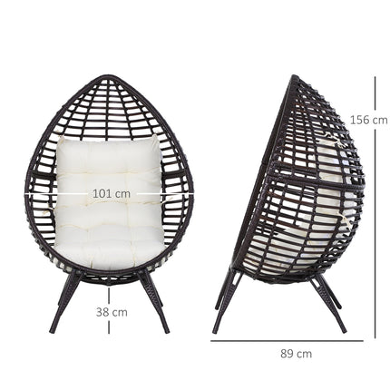 Gartenstuhl aus tropfenförmigem Rattan mit Kissen, brauner Stahl