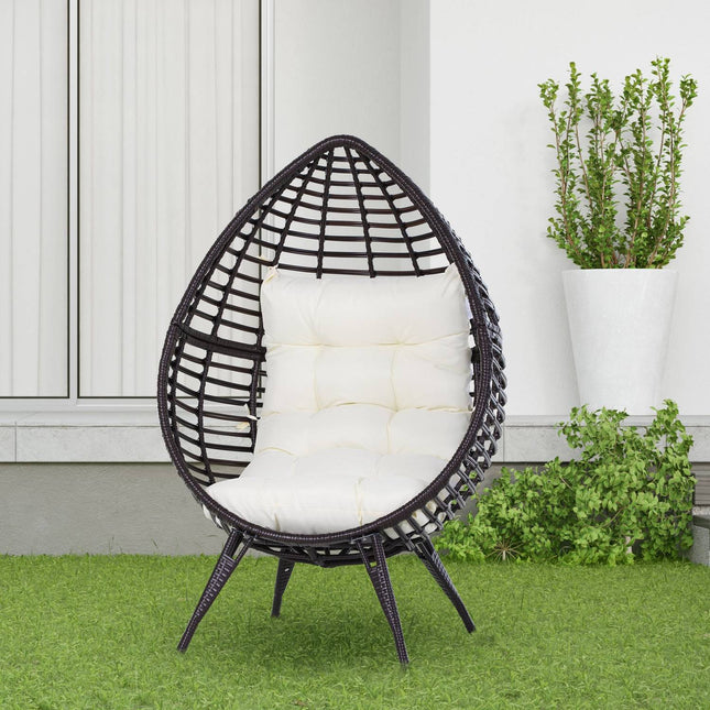 Gartenstuhl aus tropfenförmigem Rattan mit Kissen, brauner Stahl