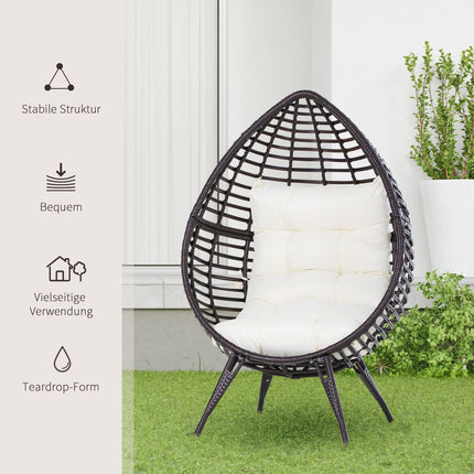 Gartenstuhl aus tropfenförmigem Rattan mit Kissen, brauner Stahl