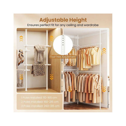 Telescopic Clothes Rack Floor to Ceiling with 4 Rails, White, Adjustable Height