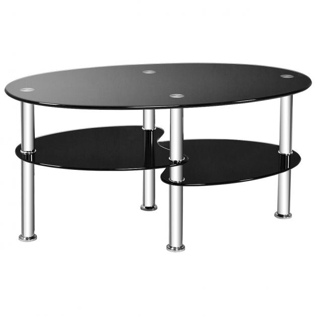 Tempered Glass Coffee Table, 3-Tier Oval, Black