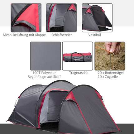 Tunnel camping tent for 2-3 people, fiberglass, grey