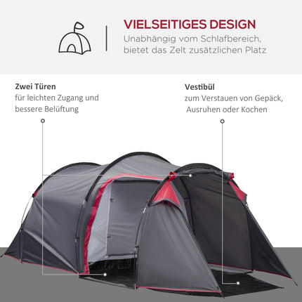 Tunnel camping tent for 2-3 people, fiberglass, grey