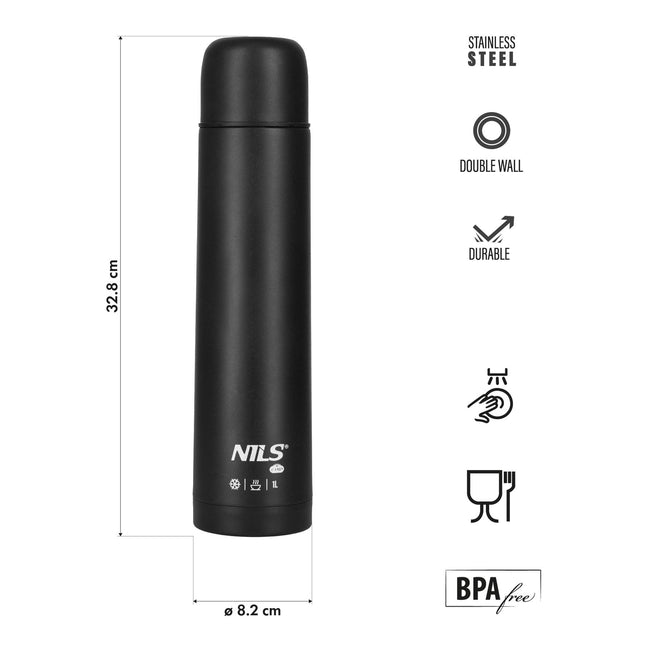Thermoskanne 1000ml, Schwarz, Isolierter Reisebecher