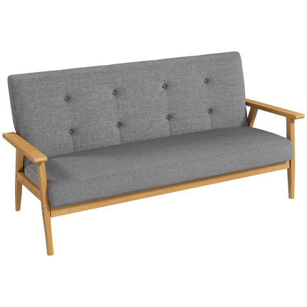Dreisitziges graues Sofa, Leinenbezug, Gummibaumholzrahmen