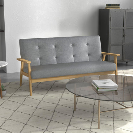 Dreisitziges graues Sofa, Leinenbezug, Gummibaumholzrahmen