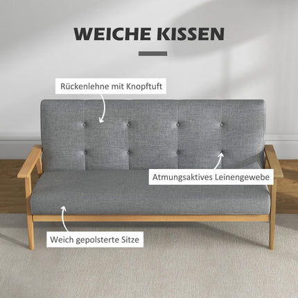 Dreisitziges graues Sofa, Leinenbezug, Gummibaumholzrahmen