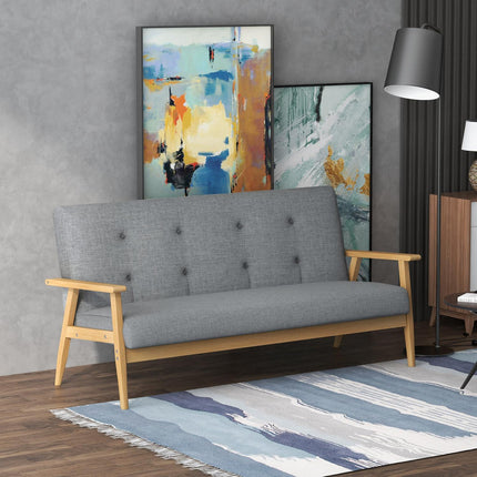Dreisitziges graues Sofa, Leinenbezug, Gummibaumholzrahmen