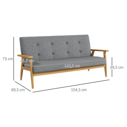 Dreisitziges graues Sofa, Leinenbezug, Gummibaumholzrahmen
