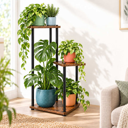 Tiered Plant Stand with 3 Square Shelves, Iron and MDF – 78 cm, Dark Brown