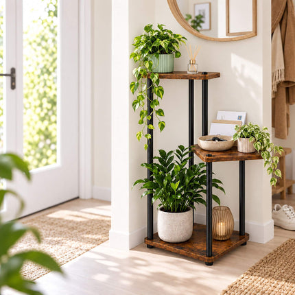Tiered Plant Stand with 3 Square Shelves, Iron and MDF – 78 cm, Dark Brown