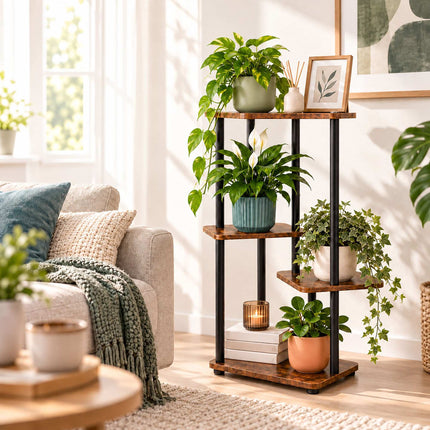 Tiered Plant Stand with 4 Square Shelves, Iron and MDF – 80 cm, Dark Brown