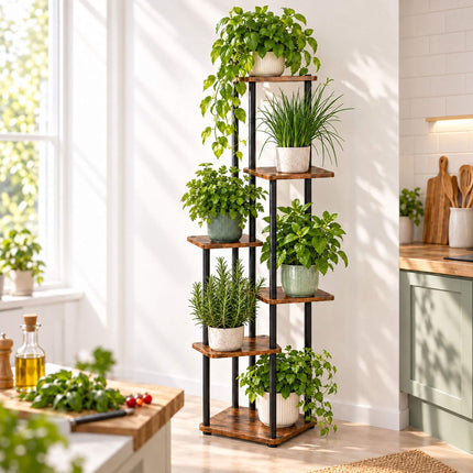 Tiered Plant Stand with 4 Square Shelves, Iron and MDF – 80 cm, Dark Brown