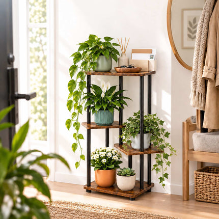 Tiered Plant Stand with 4 Square Shelves, Iron and MDF – 80 cm, Dark Brown