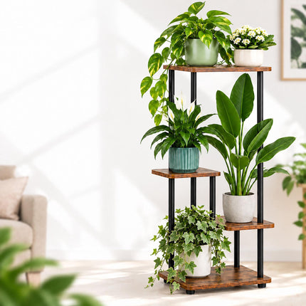 Tiered Plant Stand with 4 Square Shelves, Iron and MDF – 80 cm, Dark Brown