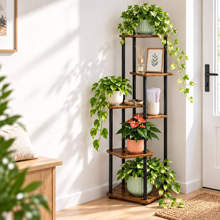 Tiered Plant Stand with 5 Square Shelves, Iron and MDF – 106 cm, Dark Brown