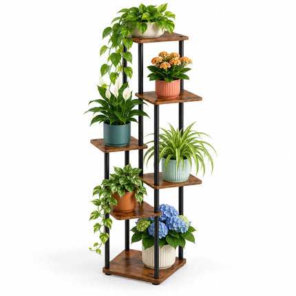 Tiered Plant Stand with 6 Square Shelves, Iron and MDF – 132.5 cm, Dark Brown