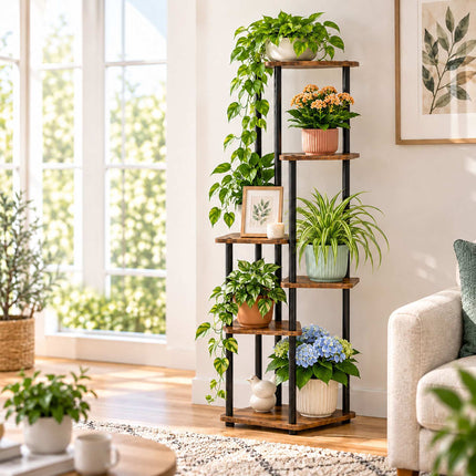 Tiered Plant Stand with 6 Square Shelves, Iron and MDF – 132.5 cm, Dark Brown
