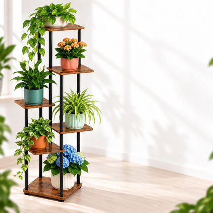 Tiered Plant Stand with 6 Square Shelves, Iron and MDF – 132.5 cm, Dark Brown