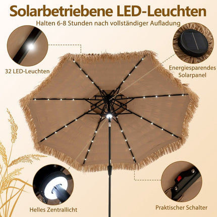 Tiki-Strohschirm mit Solar-LED-Leuchten, 313 cm
