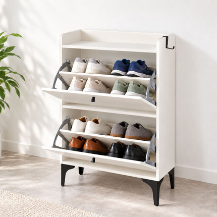 Tilt-Out Shoe Cabinet with 2 Compartments and Top Shelf, White, Black Metal Feet