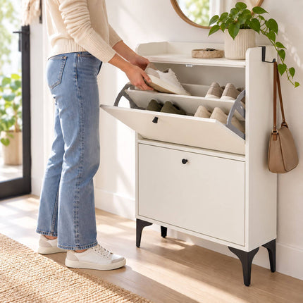 Tilt-Out Shoe Cabinet with 2 Compartments and Top Shelf, White, Black Metal Feet