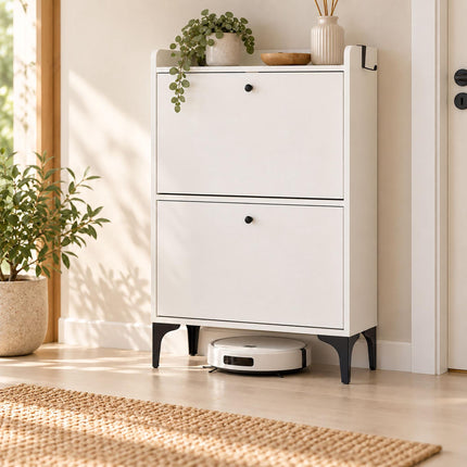 Tilt-Out Shoe Cabinet with 2 Compartments and Top Shelf, White, Black Metal Feet