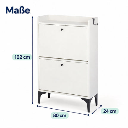 Tilt-Out Shoe Cabinet with 2 Compartments and Top Shelf, White, Black Metal Feet