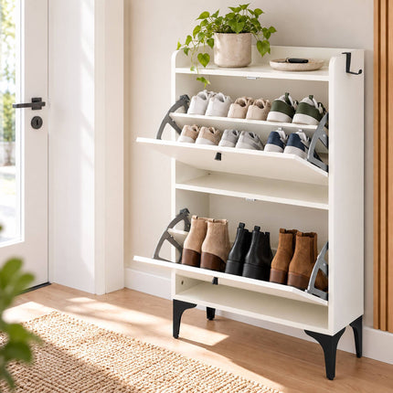 Tilt-Out Shoe Cabinet with 2 Compartments and Top Shelf, White, Black Metal Feet
